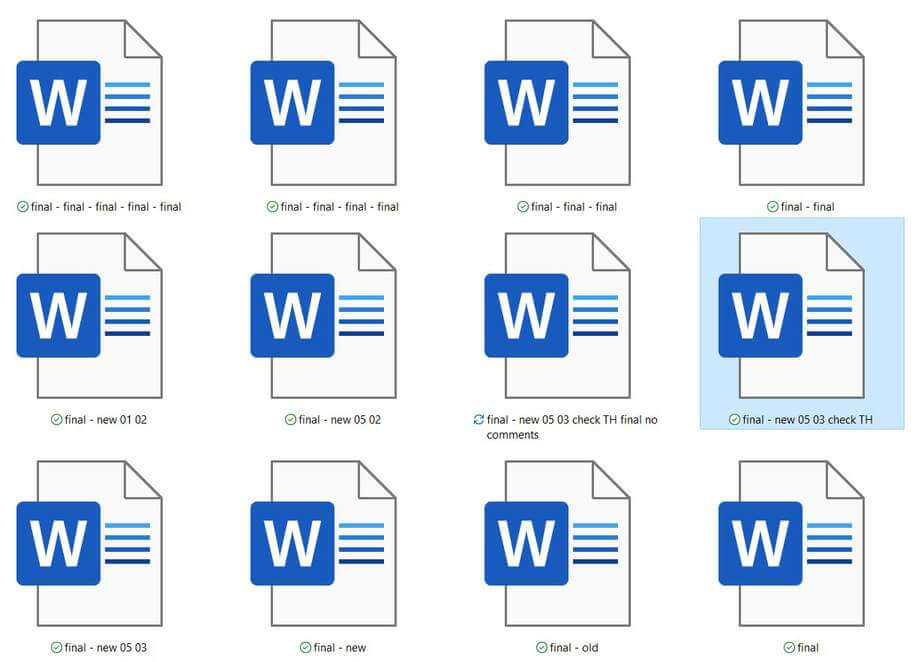 Een onoverzichtelijke bestandsmap met veel verschillende versies van hetzelfde document